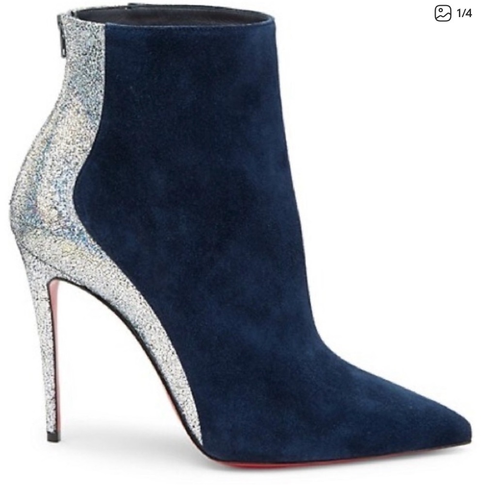 Christian Louboutin Delicotte 100mm Marine Iridescent
Silver Mica Suede Booties